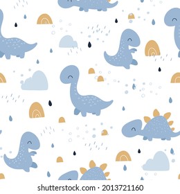 Cute dino. Seamless pattern for fabric, paper, wrapping, clothing