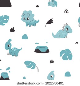Cute dino. Seamless pattern for fabric, paper, wrapping, clothing
