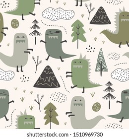 Cute dino seamless pattern with jungle theme. Childish dinosaur with hand drawn tree, mountain, and clouds in scandinavian style.