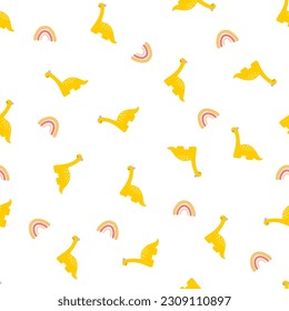 Patrón de dino sin fisuras con arco iris.ilustración prehistórica para niños moda, textil, tela, personaje de dinosaurio en estilo doodle sobre fondo blanco