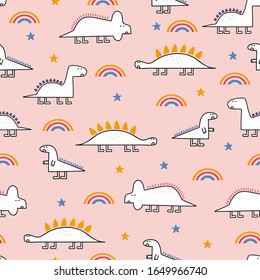Cute dino seamless pattern, vector illustration funny monster dragon. Background colorful with pink colors ready for baby, kids, and children fashion print, textile wrapping.