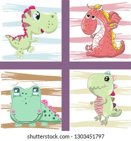 Cute Dino set cartoon hand drawn vector illustration. Can be used for baby t-shirt printing, fashion print design, children wear, baby shower celebration greeting and invitation card.