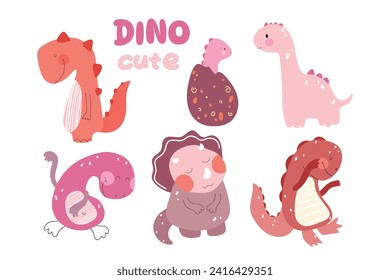 Cute dino set in pink colors. Vector illustration.