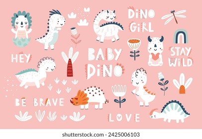 Cute Dino set with trees, plants, and other elements for your design, childish hand drawn  dinosaur elements. Nursery Vector illustration.