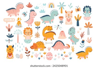 Conjunto de dinosaurios lindos con árboles, plantas y otros elementos para su diseño, elementos de dinosaurios dibujados a mano infantil. Ilustración del vector del vivero.