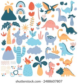 Cute Dino set with trees, plants, and other elements for your design, childish hand drawn dinosaur elements. Nursery Vector illustration.