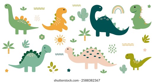 Cute Dino set with trees, plants, and other elements.