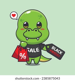 cute dino with shopping bag and black friday sale discount cartoon vector illustration