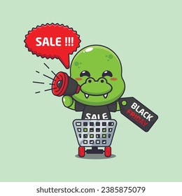 cute dino in shopping cart is promoting black friday sale with megaphone cartoon vector illustration