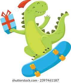 Cute Dino Skating With Christmas Gift