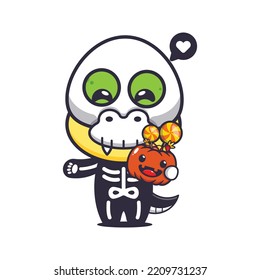 Cute dino with skeleton costume holding halloween pumpkin. Cute halloween cartoon illustration. 