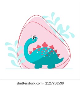 Cute dino. small dinosaur diplodocus on background of tropical leaves. Dino is princess. Textile, print, gift packaging. Vector eps illustration