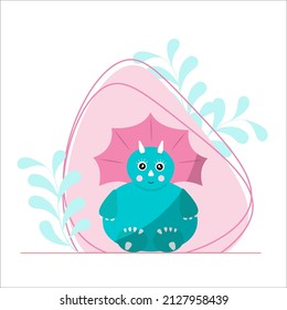 Cute dino. small triceratops dinosaur on background of tropical leaves. Dino is princess. Textile, print, gift packaging. Vector eps illustration