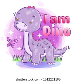 Cute Dino smile with Bright Sparkling background.Colorful Cartoon Illustration. Vector eps.10