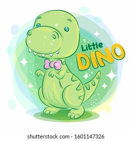 Cute Dino smile with Pink Ribbon on the Neck.Colorful Cartoon Illustration. Vector eps.10