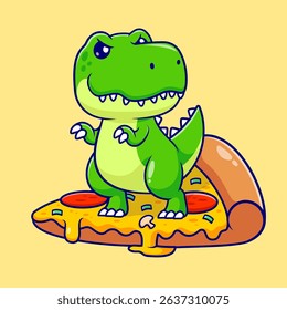 Cute Dino Standing On Pizza Cartoon Vector Icon Illustration. Animal Food Icon Concept Isolated Premium Vector. Flat Cartoon Style
