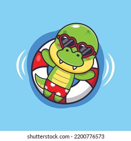 Cute dino in sunglasses float with buoy.