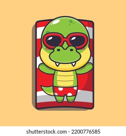 Cute dino with sunglasses sleep on beach.
