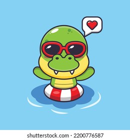 Cute dino in sunglasses swimming on beach cartoon illustration.