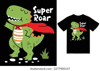 Cute dino superhero illustration with tshirt design premium vector the Concept of Isolated Technology. Flat Cartoon Style Suitable for Landing Web Pages,T shirt, Flyers, Stickers