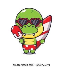 Cute dino with surfboard holding ice cartoon illustration.
