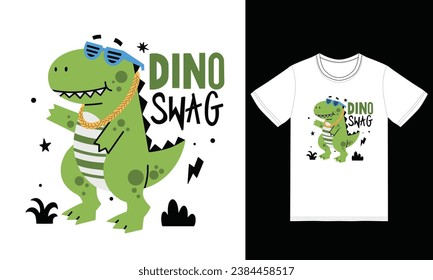 Cute Dino swag illustration with tshirt design premium vector the Concept of Isolated Technology. Flat Cartoon Style Suitable for Landing Web Pages,T shirt, Flyers, Stickers