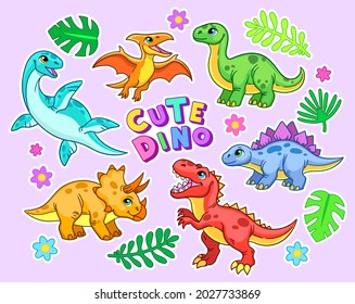 Cute dino text. Plesiosaur, pterosaur, stegosaurus, tyrannosaurus, brachiosaurus and triceratops with palm leaves. Vector illustration