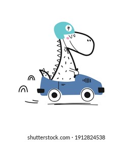 Cute dino traveling in red in a blue sport car. Vacation travel concept. Vector illustration for kids. Can be used for shirt design, fashion print design, kids wear, greeting card.