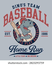 Cute dino t-rex baseball hitter cartoon vector print for baby children wear t shirt sweatshirt pajamas