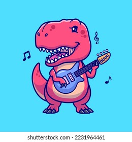 Cute Dino T-Rex Tocando Guitarra Música De Caricatura Ilustración Icono Vector. Vector Premium Aislado De Concepto De Icono De Música Animal. Estilo de dibujo plano