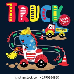 Cute dino  trucks Vector cute boy loader work children's with Hand drawn construction . blue background for textile, fashion, wrapping paper.