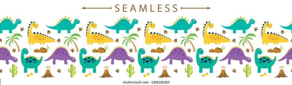 Cute dino vector horizontal seamless border. Great for wallpaper, backgrounds, packaging, fabric, scrapbooking, and giftwrap projects.