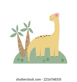 Cute dino vector illustration. Cartoon dinosaur girl. Baby design for fabric or texture. Kids funny print. Yellow dino with a flower on his head and palm trees.