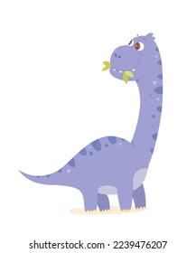 Cute dino vector illustration. Cartoon isolated portrait of baby dinosaur eating green leaves, violet adorable prehistoric animal and happy monster with funny face, eyes and smile, long neck