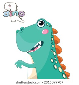 Cute dino vector illustration. Cartoon isolated portrait of baby dinosaur , green animal ,happy monster with funny face, eyes and smile. Words dino