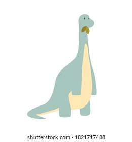 Cute Dino Vector Illustration. Flat Cartoonish Character - Cute Little Dinosaur Brontosaurus - Eating Green Leaves . Perfect For Kids Products And Postcards.