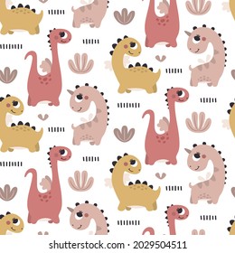 Cute Dino vector seamless pattern with Dinosaur Girls, plants, leaves, bushes, stones in trendy boho colors