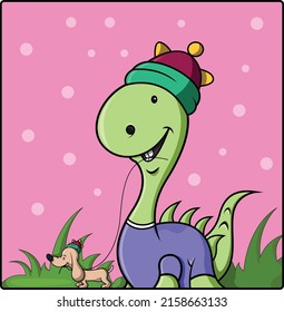 cute dino is walking with a dog