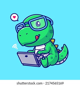 Cute Dino Working On Laptop Cartoon Vector Icon Illustration. Animal Technology Icon Concept Isolated Premium Vector. Flat Cartoon Style