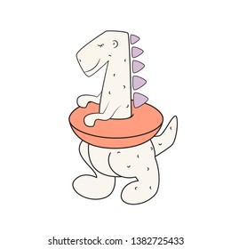 Cute dinoasaur doodle style vector illustration for tshirt prints. Baby dino in a lifebuoy.
