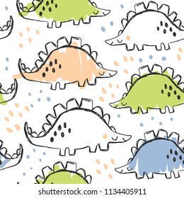 Cute dinoasaur and doodles. Funny cartoon dino seamless pattern. Hand drawn vector doodle design for girls, boys, kids. Hand drawn children's pattern for fashion clothes, shirt, fabric