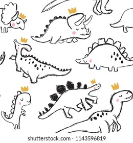 Cute dinoasaur and doodles. Funny cartoon dino seamless pattern. Hand drawn vector doodle design for girls, boys, kids. Hand drawn children's pattern for fashion clothes, shirt, fabric
