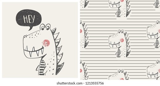 Cute Dino.Hand drawn vector illustration.