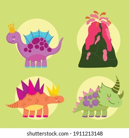 cute dinos animals extinct and volcano cartoon icons vector illustration