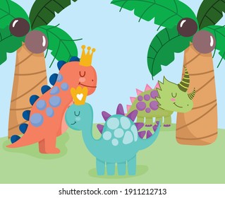 cute dinos animals palms coconut tropical cartoon vector illustration