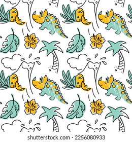 Cute dinos,  eruptios volcanos, exotical forest. Kids print. Seamless pattern. Vector
