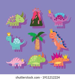 cute dinos extinct and volcano palm nature cartoon icons vector illustration