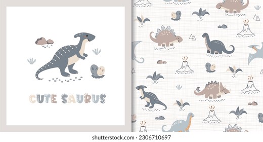 Cute Dinos Family collection. Cartoon card and seamless pattern set. Hand drawn cute doodle characters Animals Background. Cute Cartoon Dinosaurs, volcano, and plants. Vector illustration