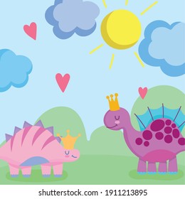 cute dinos nature sun grass clouds landscape vector illustration