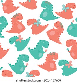 Cute dinos with stars, wings, magic wand. Seamless pattern on white background. Vector illustration in childish style. Perfect for kids apparel, fabric, textile, nursery decoration, wrapping paper